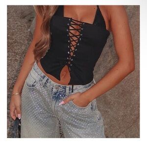 White Fox Boutique Black Lace-Up Crop Top